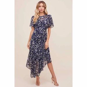 NWT ASTR the Label Flutter Sleeve Asymmetrical Floral Maxi Dress Blue XS